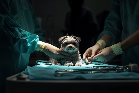 Veterinarian examining a dog in operating room.の写真素材