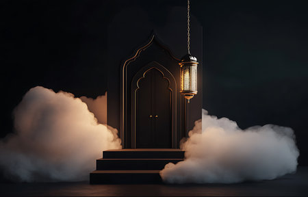 Ramadan Kareem background with mosque and lantern. 3D renderingの写真素材