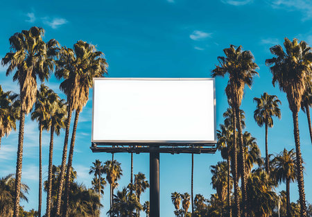Blank billboard with palm trees on blue sky background - Vintage Filterの写真素材