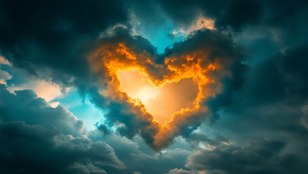 Heart shaped cloud with sunset light, valentine's day backgroundの写真素材
