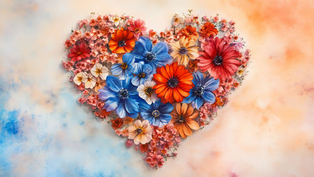 Heart shape made of colorful flowers on abstract background. Love concept.の写真素材