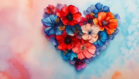 Colorful flowers in the shape of a heart on a watercolor backgroundの写真素材