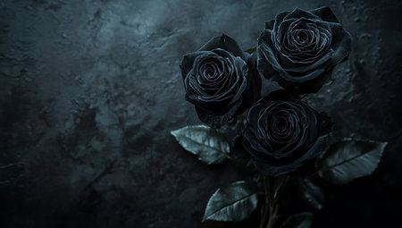 Black roses on dark background. Top view with copy space for your textの写真素材