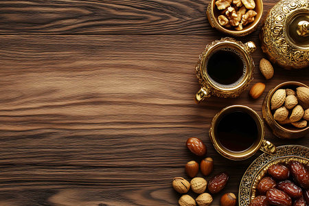 Coffee and nuts on wooden table. Top view with copy spaceの素材