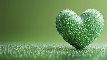 Green heart with water drops on green background. 3D illustration.の写真素材