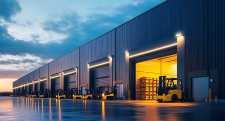 Forklift in warehouse at sunset. Transportation and logistics concept.の写真素材