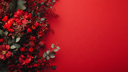 Beautiful red flowers on red background, flat lay. Space for textの写真素材