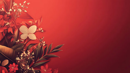 Flowers and leaves on red background with copy space. Vector illustration.の写真素材