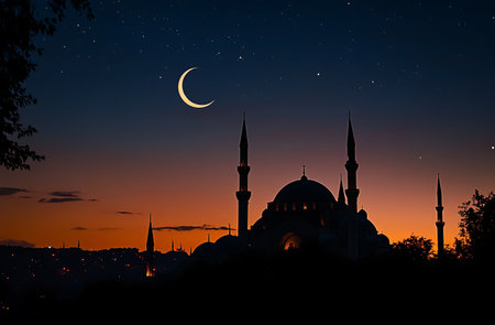 Silhouette of the mosque and the moon in the night skyの写真素材