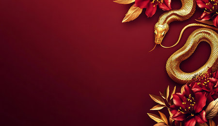 Golden snake and red flowers on red background. 3D illustration.の写真素材