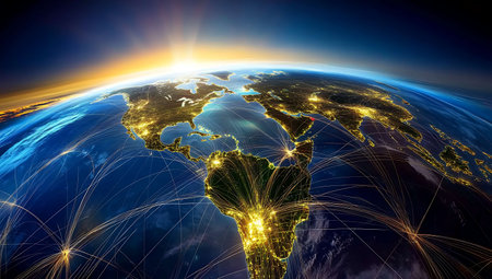 North America from space on planet Earth with international network representing communication, travel and connections. 3D illustration.の写真素材