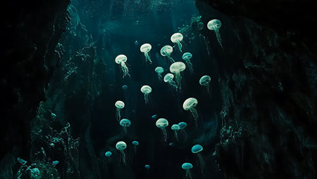 Jellyfish swimming in the deep blue sea. 3d renderingの写真素材