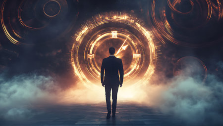 Back view of businessman looking at clock on abstract background. Time conceptの写真素材