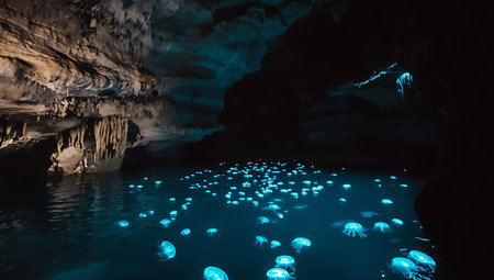Jellyfish swimming in the blue water of a dark cave.の写真素材