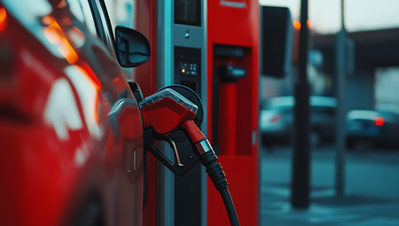 Charging an electric car at a gas station, close-up.の写真素材