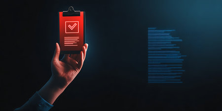 Hand holding clipboard with checklist icon on dark background. Internet and technology conceptの写真素材
