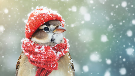 Portrait of a bird in a red scarf on a background of snowfall.の写真素材