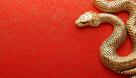 Golden snake on red background. Chinese New Year concept. Copy space.の写真素材