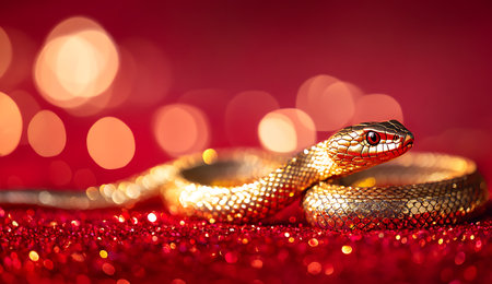 Golden snake on a red background with bokeh and copy spaceの写真素材