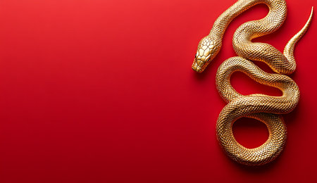 Golden snake on red background. Top view, flat lay, copy spaceの写真素材