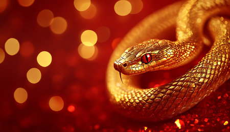 Golden snake on red background with bokeh lights. 3d illustrationの写真素材