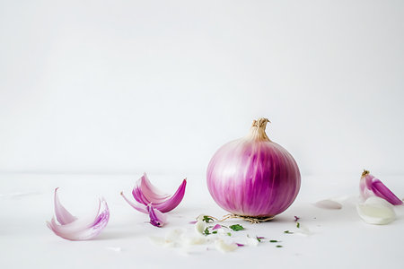 onion and petals on a white background with space for textの写真素材