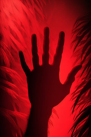 Silhouette of a hand on a red background with palm leavesの写真素材