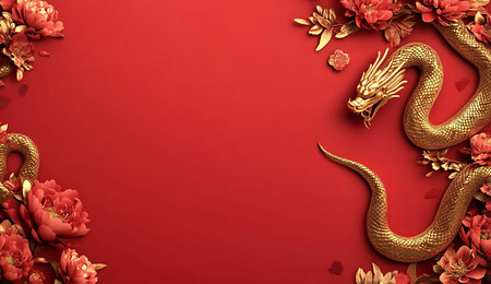 Chinese New Year background with gold dragon and flowers. 3D renderingの写真素材