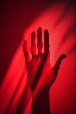 Silhouette of a hand on a red background with a light beamの写真素材