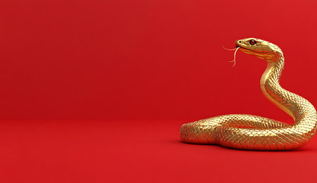 Golden snake on red background. 3D rendering. Golden snake.の写真素材