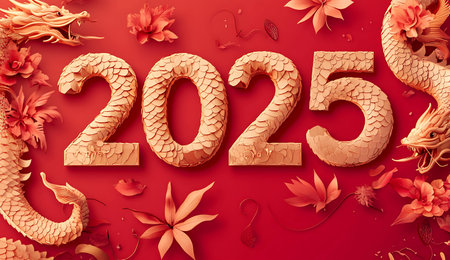 Happy new year text design with gold dragon and flower on red backgroundの写真素材