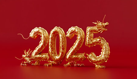 Chinese New Year 2015 gold dragon on red background. 3D renderingの写真素材