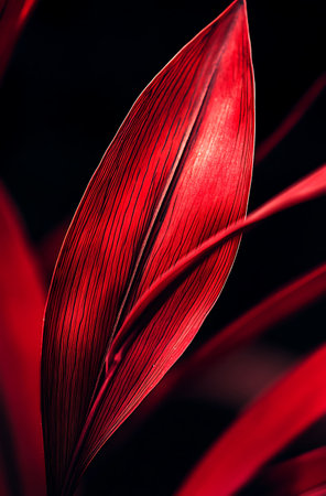 Beautiful red leaf close-up on black background, macro photographyの写真素材