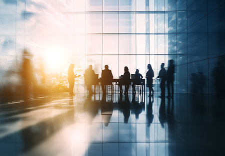 Silhouettes of business people on the background of the office buildingの写真素材