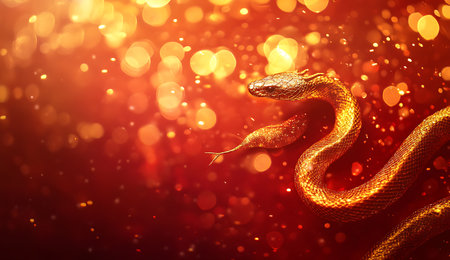 Golden snake on red background with bokeh lights. 3d renderingの写真素材