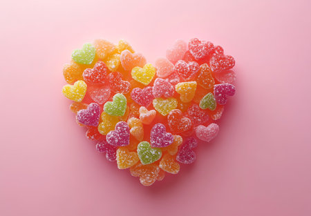 Colorful jelly candies in shape of heart on pink background.の写真素材