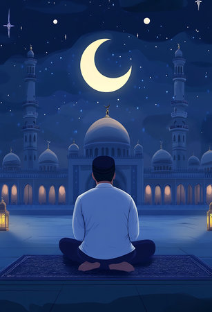 Muslim man meditating in front of mosque at night. Vector illustrationの写真素材