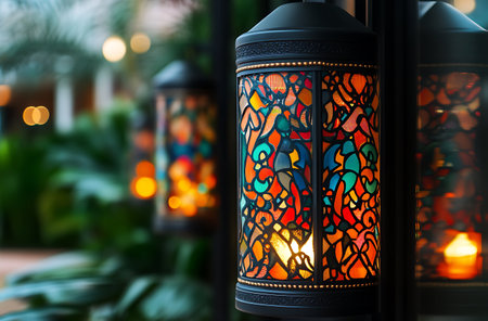 Beautiful ornamental lanterns with burning candles in cafe, closeupの写真素材