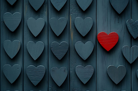 Valentine's Day background with red heart on dark blue wooden planksの写真素材