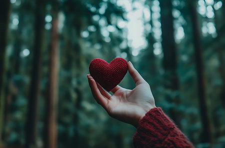 Woman hand holding red heart in the forest. Valentine's day concept.の素材