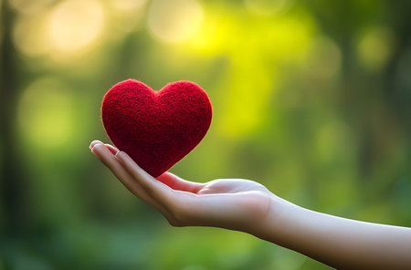 Hand holding red heart on bokeh nature background, Love conceptの写真素材