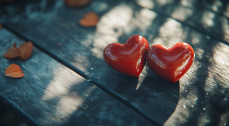 Two red hearts on a wooden bench. Valentine's Day background.の写真素材