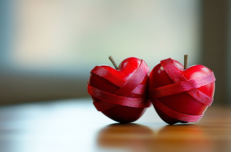 Two red heart-shaped apples tied with a red ribbon on a wooden tableの写真素材