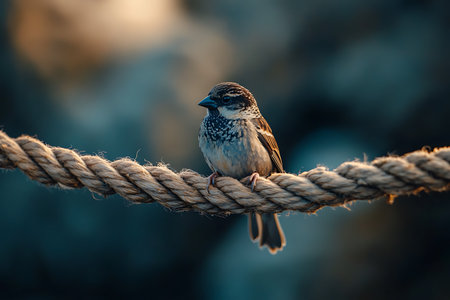 Sparrow sitting on a rope against the background of the sunsetの写真素材