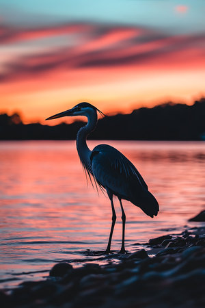 A great blue heron standing on the shore of a lake at sunsetの写真素材