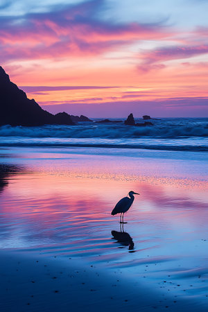 Silhouette of a heron standing on the beach at sunsetの写真素材