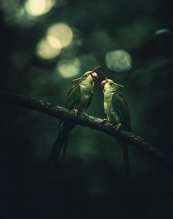Pair of green parakeets on a branch. Toned.の写真素材