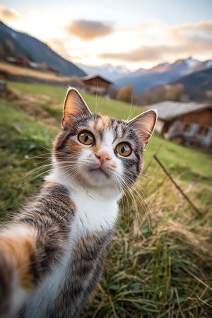 Portrait of a beautiful cat on the background of the mountains.の写真素材