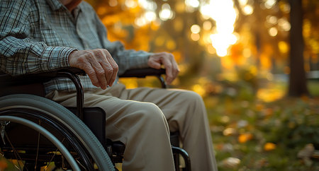 Elderly man in a wheelchair in the park at sunset.の写真素材