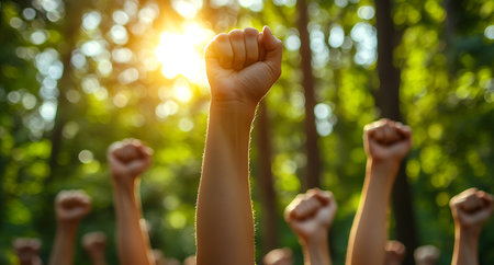 Raised hands in the air against the background of the sun. The concept of unity and freedom.の写真素材